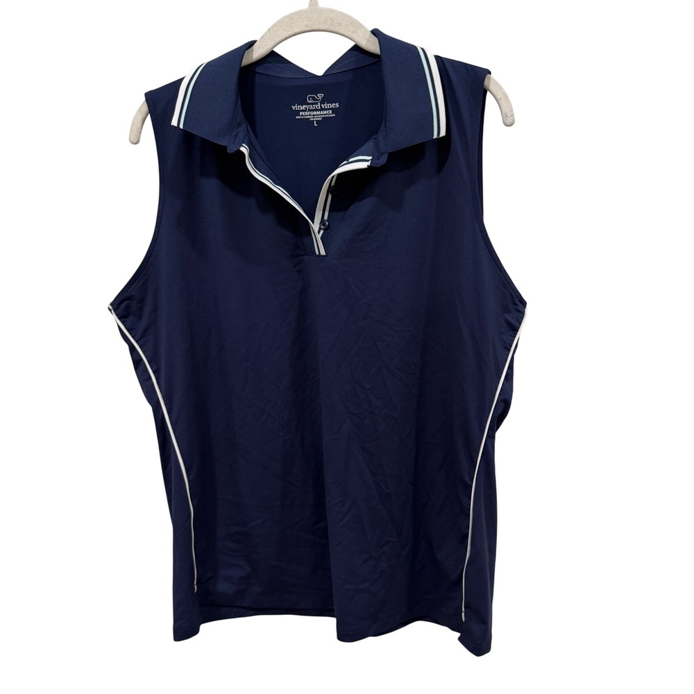 Vineyard Vines Performance Sleeveless Polo Navy Blue Striped Trim 2G001388 L